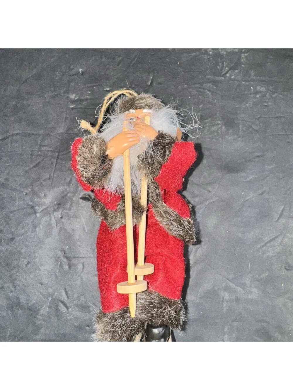 Vtg Santa Claus Skiing Figurine 7” Wooden Skis & Poles Faux Fur Trim Christmas